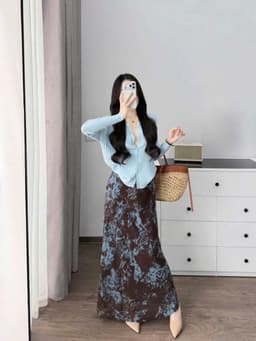 Set váy dài, set áo tay dài cài nút chất Thun Tăm Đũi trẻ trung phối chân váy Lụa Hoa 2 lớp dáng dài_QC 6
