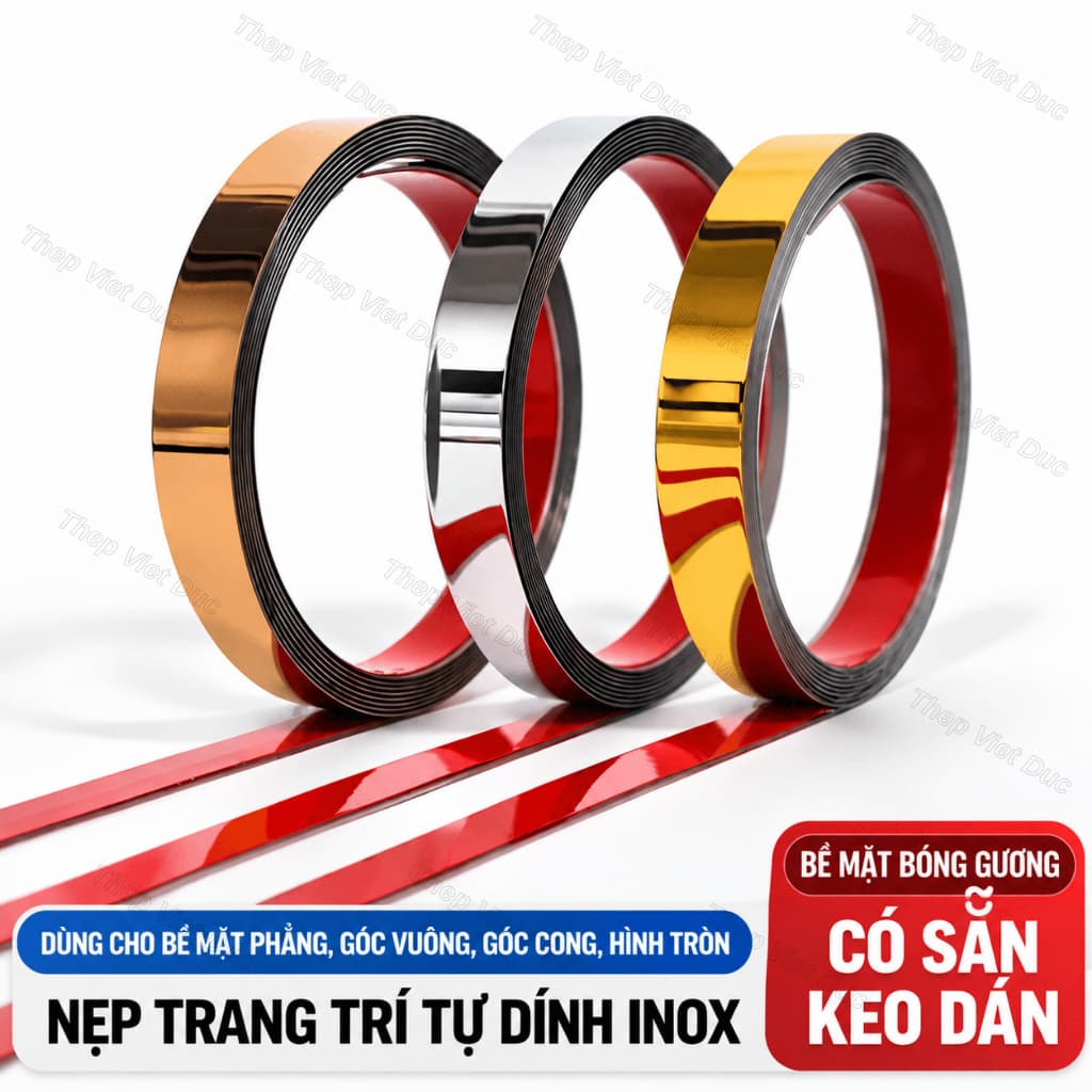 Nẹp Inox Tự Dính Trang Trí Viền Tủ, Bàn, Tường, Góc Vuông, Góc Cong - Bản 10/15/20/25/30/40/50MM