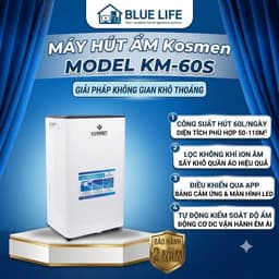 Máy Hút Ẩm Kosmen KM-60S, 60L/Ngày, Lọc Không Khí Ion Âm, Sấy Quần Áo, Điều Khiển App, Diện Tích 110m², BH 2 Năm 1