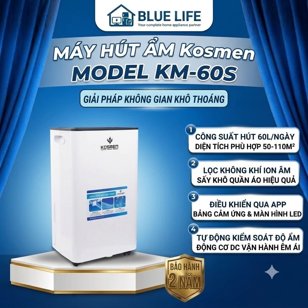 Máy Hút Ẩm Kosmen KM-60S, 60L/Ngày, Lọc Không Khí Ion Âm, Sấy Quần Áo, Điều Khiển App, Diện Tích 110m², BH 2 Năm