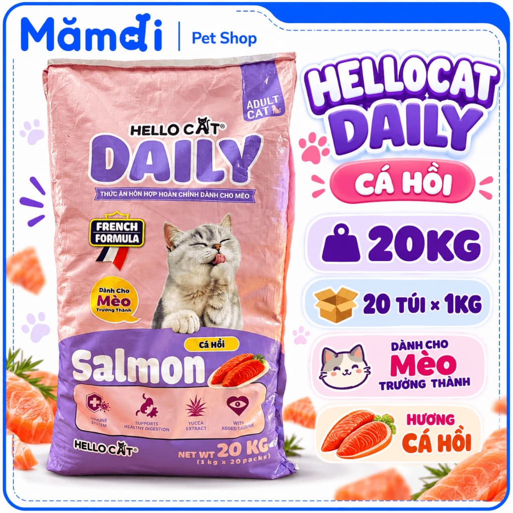 [20 Gói 1KG] Thức Ăn Hạt Cho Mèo Hello Cat Daily Vị Cá Hồi - Tiết Kiệm Nhà Đông Meow