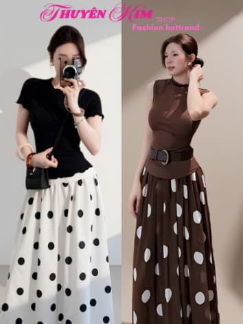 Set váy dài thiết kế công sở áo Thun ôm cổ tròn trẻ trung phối chân váy chấm bi dáng dài xòe thanh lịch