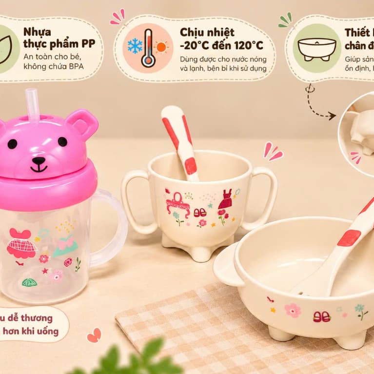 Bộ 5 Món Cốc Tập Uống Nước, Bát Ăn & Thìa Nĩa Trẻ Em Nhựa PP An Toàn Chịu Nhiệt -20°C đến 120°C - Brizkids