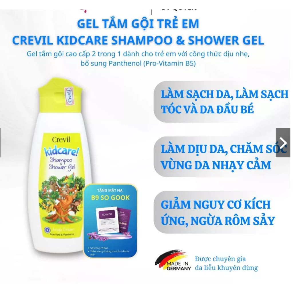 **Crevil Kidcare  300ml.Gel Tắm Gội Cho Bé,Dịu Nhẹ, Hỗ Trợ Rôm Sảy, Mẩn Ngứa & Dưỡng Ẩm Da Bé <BUNINY SHOP$