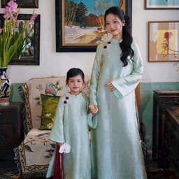 Áo Dài  Mẹ bé vải Tằm Linh Lan Phối Quần Ren Cao Cấp - Dáng Dài Xưa Thướt Tha - Thanh Lịch Đi Chơi Tết Du Xuân 6