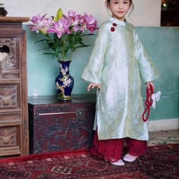 Áo Dài  Mẹ bé vải Tằm Linh Lan Phối Quần Ren Cao Cấp - Dáng Dài Xưa Thướt Tha - Thanh Lịch Đi Chơi Tết Du Xuân 5