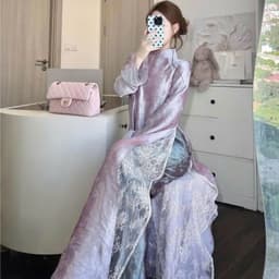 Áo dài Tím suông - chất liệu Tằm nhũ ánh kim cao cấp - lót tà ren sang trọng - quần xanh đồng chất áo - mẫu hót 2027 1