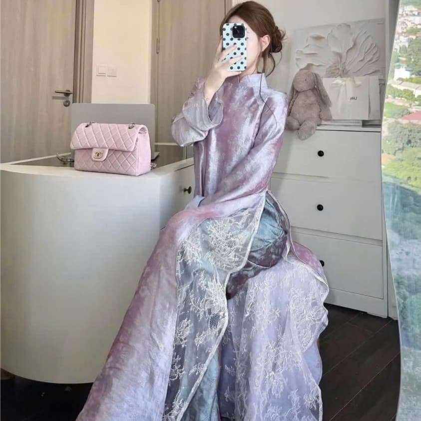 Áo dài Tím suông - chất liệu Tằm nhũ ánh kim cao cấp - lót tà ren sang trọng - quần xanh đồng chất áo - mẫu hót 2027
