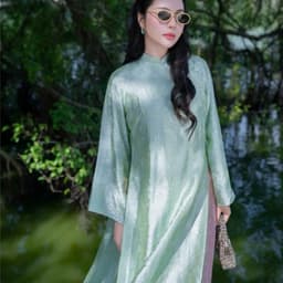 Áo dài xanh suông có bigsize tới 82 ký - chất liệu tằm nhũ cao cấp - phối quần tằm đồng chất sang trọng 3