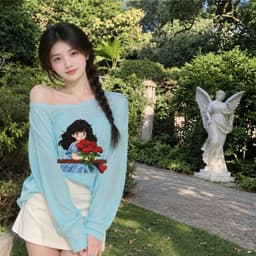 Áo Thun Dài Tay In Hình Cô Gái Cầm Hoa Hồng Phong Cách Hàn Quốc  5