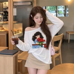 Áo Thun Dài Tay In Hình Cô Gái Cầm Hoa Hồng Phong Cách Hàn Quốc  3