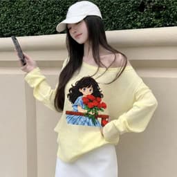 Áo Thun Dài Tay In Hình Cô Gái Cầm Hoa Hồng Phong Cách Hàn Quốc  4