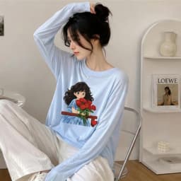 Áo Thun Dài Tay In Hình Cô Gái Cầm Hoa Hồng Phong Cách Hàn Quốc  1