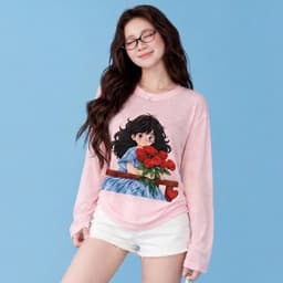 Áo Thun Dài Tay In Hình Cô Gái Cầm Hoa Hồng Phong Cách Hàn Quốc  2