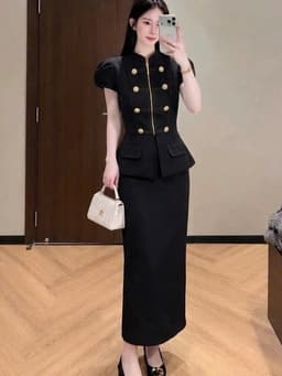 Set bộ công sở, set thiết kế áo Mango cổ trụ phối nút hoàng gia dây kéo kèm chân váy midi thanh lịch đi hợp sự kiện_AXT 3