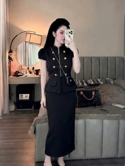 Set bộ công sở, set thiết kế áo Mango cổ trụ phối nút hoàng gia dây kéo kèm chân váy midi thanh lịch đi hợp sự kiện_AXT 4