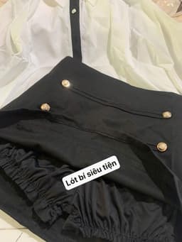 Set bộ công sở, Set thiết kế áo Lụa thái tay dài cổ bẻ kèm chân váy Kaki bố mini phối nút hoàng gia đi họp sự kiện_AXT 7