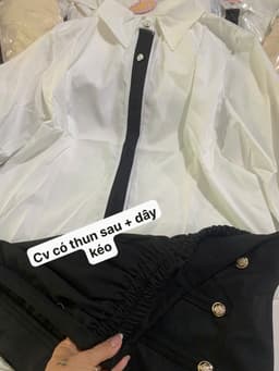 Set bộ công sở, Set thiết kế áo Lụa thái tay dài cổ bẻ kèm chân váy Kaki bố mini phối nút hoàng gia đi họp sự kiện_AXT 6