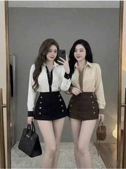 Set bộ công sở, Set thiết kế áo Lụa thái tay dài cổ bẻ kèm chân váy Kaki bố mini phối nút hoàng gia đi họp sự kiện_AXT 1