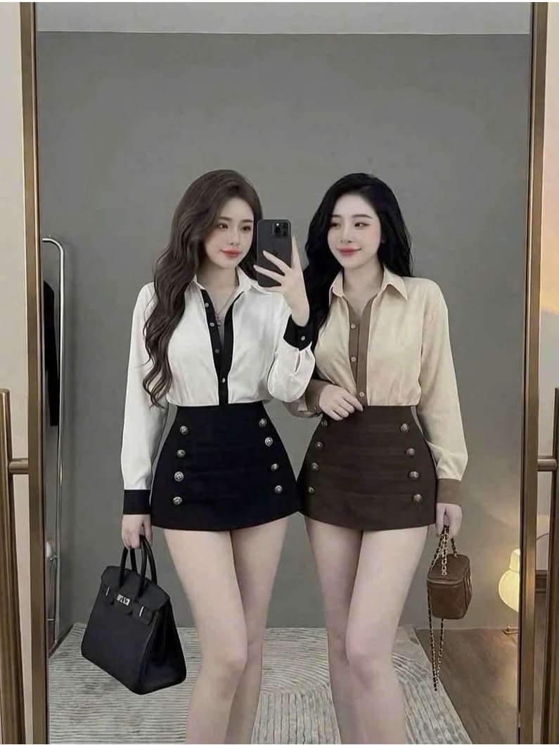 Set bộ công sở, Set thiết kế áo Lụa thái tay dài cổ bẻ kèm chân váy Kaki bố mini phối nút hoàng gia đi họp sự kiện_AXT