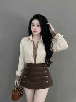 Set bộ công sở, Set thiết kế áo Lụa thái tay dài cổ bẻ kèm chân váy Kaki bố mini phối nút hoàng gia đi họp sự kiện_AXT 2