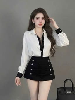 Set bộ công sở, Set thiết kế áo Lụa thái tay dài cổ bẻ kèm chân váy Kaki bố mini phối nút hoàng gia đi họp sự kiện_AXT 3