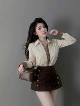 Set bộ công sở, Set thiết kế áo Lụa thái tay dài cổ bẻ kèm chân váy Kaki bố mini phối nút hoàng gia đi họp sự kiện_AXT 4