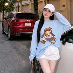 Thun Nữ Dài Tay Chất Thun Giấy Cổ Lệch In Hình Cô Gái Ôm Gấu Dễ Thương  Phong Cách Hàn Quốc 5