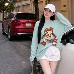 Thun Nữ Dài Tay Chất Thun Giấy Cổ Lệch In Hình Cô Gái Ôm Gấu Dễ Thương  Phong Cách Hàn Quốc 3
