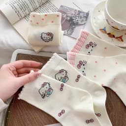 Set 5 Đôi Tất/ Vớ Hoạ Tiết Mèo Hello Kitty Hồng Cổ Cao Phong Cách Hàn Co Giãn Dễ Thương 3