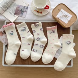 Set 5 Đôi Tất/ Vớ Hoạ Tiết Mèo Hello Kitty Hồng Cổ Cao Phong Cách Hàn Co Giãn Dễ Thương 1
