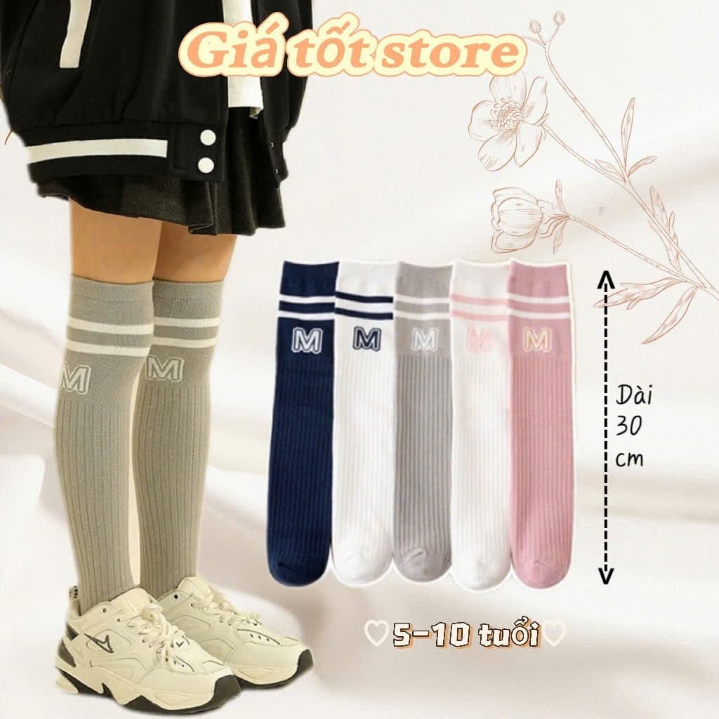 Tất Đùi Vớ Đùi Cho Bé Chất Cotton Tăm Siêu Ấm Dài Qua Gối Phối Kẻ Cổ Hoạ Tiết Chữ M Phong Cách Hàn Từ 5-10T Mã te107