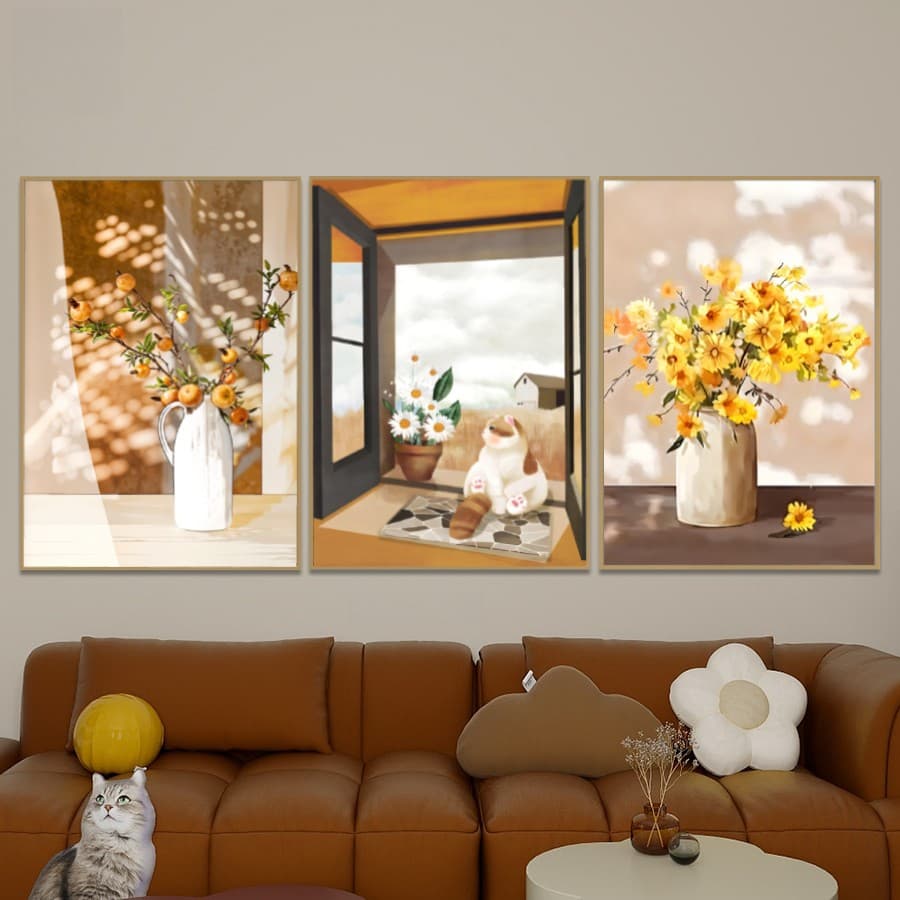 Bộ 3 Tranh Canvas Treo Tường Mèo Dễ Thương, Trang Trí Phòng Ngủ, Phòng Bếp, HomestayTranh vải