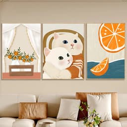 Bộ 3 Tranh Canvas Treo Tường Mèo Dễ Thương, Trang Trí Phòng Ngủ, Phòng Bếp, HomestayTranh vải 3