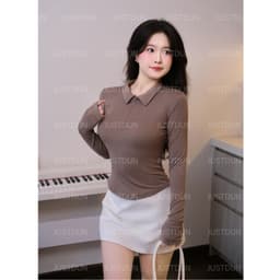 [Mở Bán] Áo Thun Nữ JUSTDUN 13A - Tay Dài, Ôm Body, Cổ Bẻ Phối Khóa Kéo, Dáng Vạt Bầu, Cotton Mịn 7