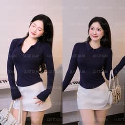 [Mở Bán] Áo Thun Nữ JUSTDUN 13A - Tay Dài, Ôm Body, Cổ Bẻ Phối Khóa Kéo, Dáng Vạt Bầu, Cotton Mịn 5