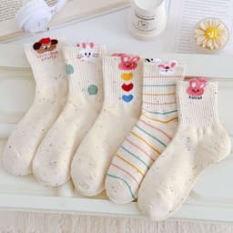Set 5 Đôi Tất icon Thỏ Gấu Màu Muối Tiêu Cổ Cao Dễ Thương tt79 8