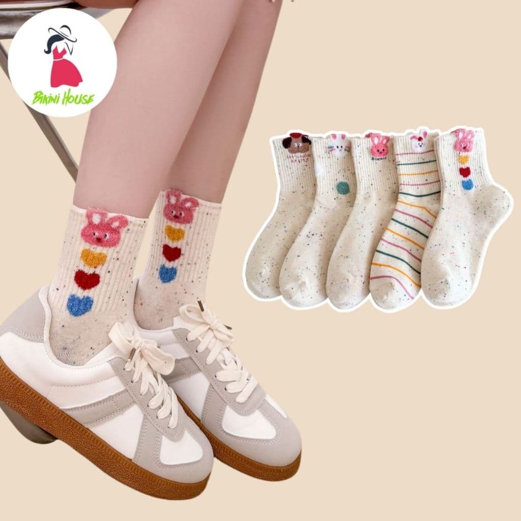 Set 5 Đôi Tất icon Thỏ Gấu Màu Muối Tiêu Cổ Cao Dễ Thương tt79