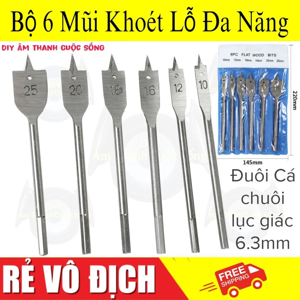 Bộ 6 𝗠ũ𝗶 𝗞𝗵𝗼𝗮𝗻 khoét lỗ gỗ nhựa đa năng hình đuôi cá chuôi lục giác 6mm Diy -