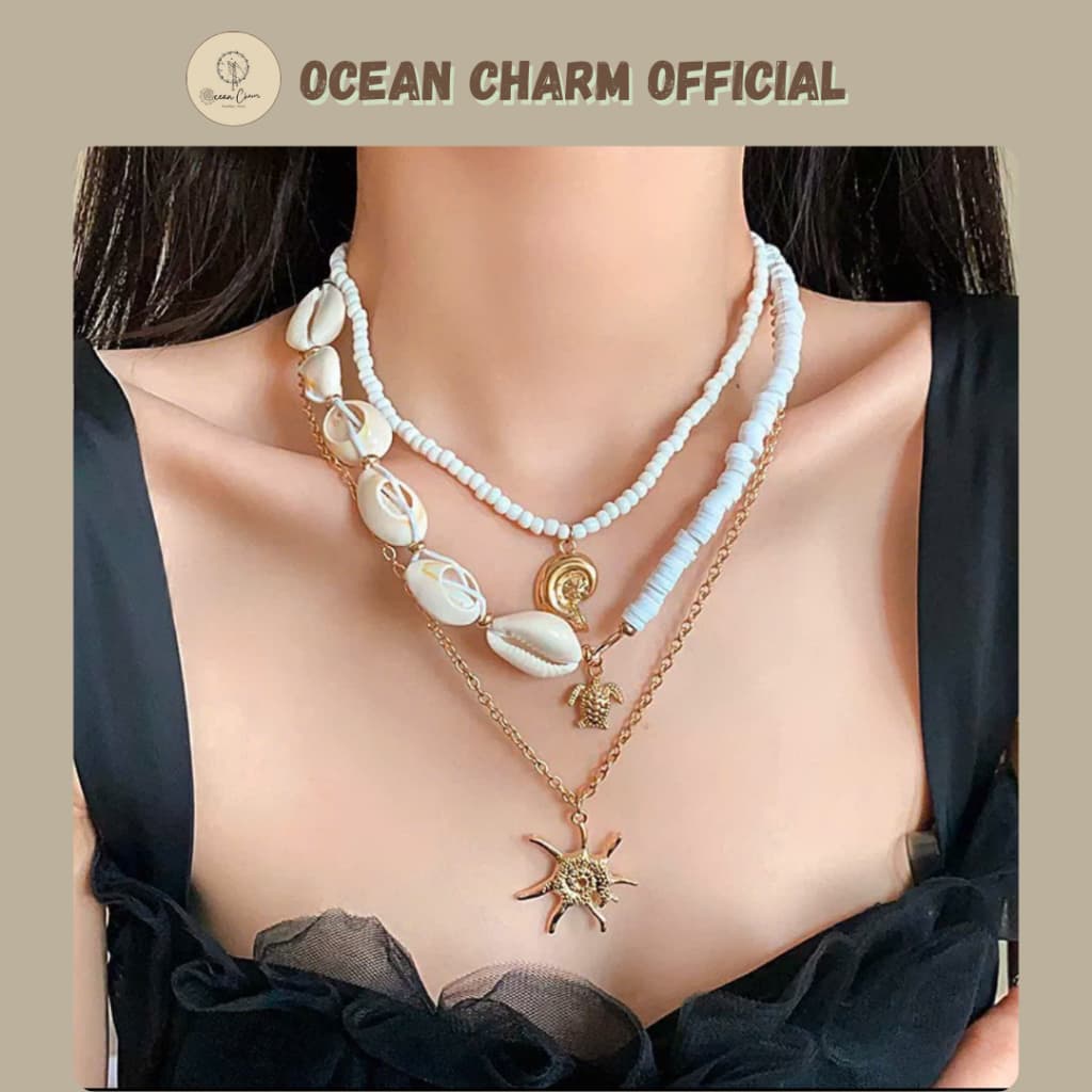 Set 3 Vòng Cổ Nữ Đi Biển, Vỏ Sò Ốc & Mặt Trời Vintage Bohemian Ocean Charm- Phụ Kiện Trang Sức Dây Chuyền Biển