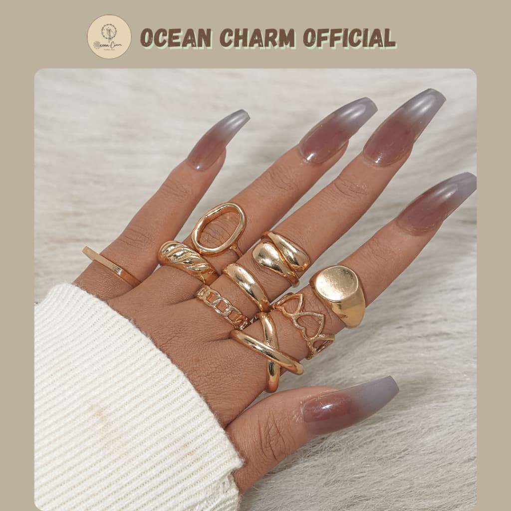 [Sẵn] Bộ 9 Nhẫn Hợp Kim Mạ Vàng Ocean Charm Chống Gỉ - Dạng Mở Dễ Điều Chỉnh Kích Thước - Trang Sức Phụ Kiện Unisex