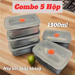 Combo 5 hộp inox dung tích 1500ml có nắp đậy nhựa silicon tiện lợi, hộp đựng thực phẩm inox, khay inox 1500ml 1
