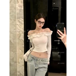 Áo Thun Trễ Vai Dài Tay Phối Bèo Chất Thun Mịn Co Dãn 4 Chiều BYJANE - 724 5