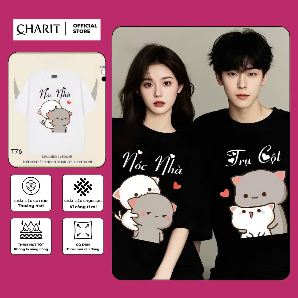 Áo thun Unisex Nam Nữ in hình 2 mèo NÓC NHÀ - TRỤ CỘT, chất cotton 100% - BOONE - BNE00300