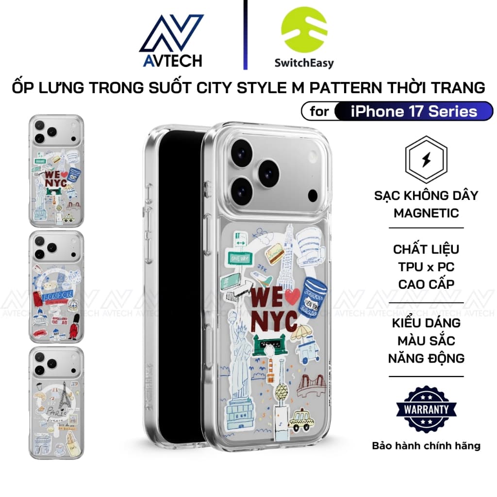 Ốp Lưng Trong Suốt SwitchEasy cho iPhone 17 Pro Max / 17 Pro / 17 Air, CITY Style M Pattern, in 3D, Chống Sốc