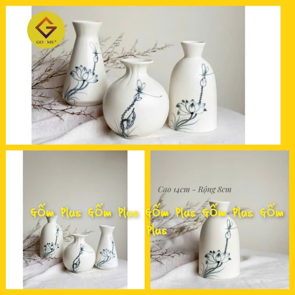 Bình Hoa Gốm Sứ Bát Tràng - Lọ Hoa Mini Vẽ tay Hoạ Tiết Sen Chuồn đơn giản tinh tế