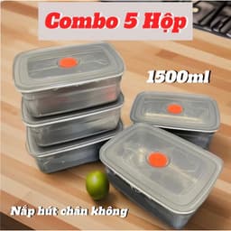 [COMBO 5] Hộp Inox 1500Ml Dày Dặn, Nắp Đậy Silocon Hút Chân Không, zoang chống chàn - Khay Inox Đựng Đồ Tủ Lạnh 1