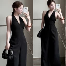 Jump đen cổ yếm dáng dài hở lưng ống rộng vải cao cấp dự tiệc công sở Xukadress 5