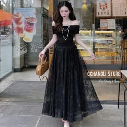 Set đồ bộ áo bẹt vai ren và chân váy voan dài, thời trang nữ đi tiệc sang trọng, cao cấp Xukadress 4