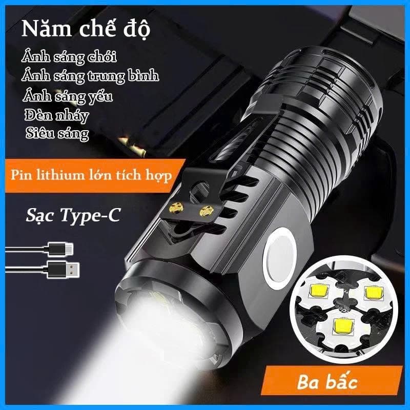 Đèn Pin Siêu Sáng Mini 3 Mắt Led 5 Chế Độ Sáng Đèn Pin Mini Cầm Tay